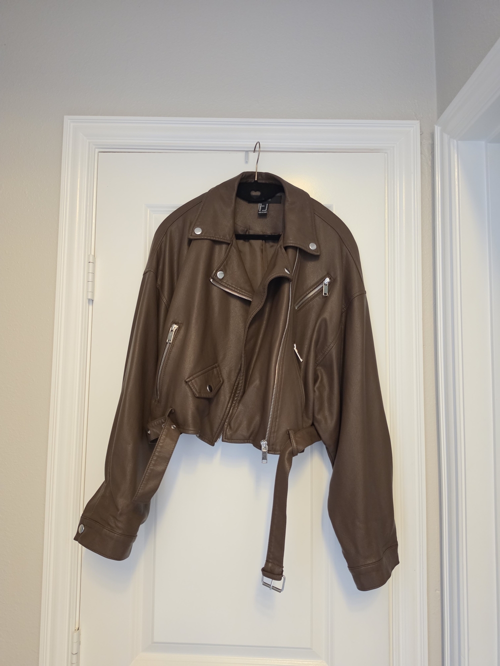 Forever 21 Brown Faux Leather Cropped Moto Jacket with Belt